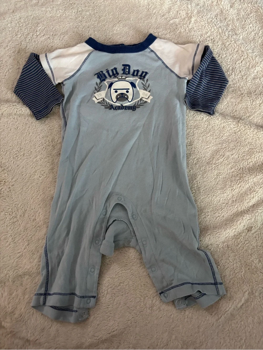 Old Navy Light Blue Baby romper with Navy Accents and Dog print 6-12M